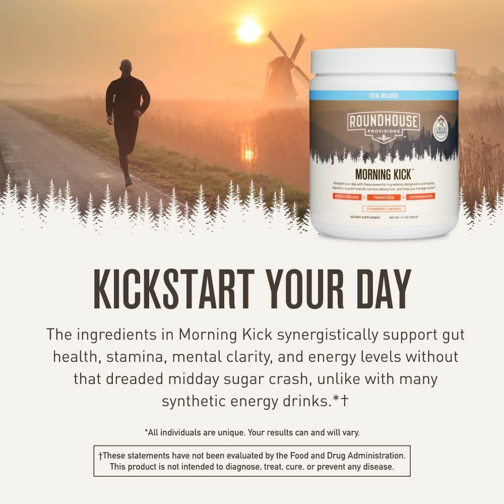 : Roundhouse Provisions Morning Kick, Ashwagandha, Strawberry Lemonade,