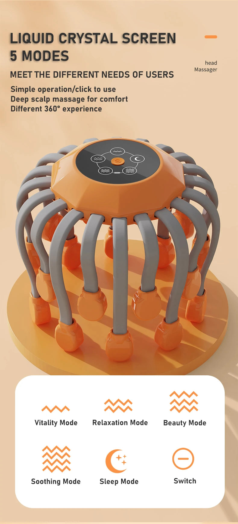 10/20Massage Heads Orange Scalp Head Massager Red Light Vibrator Octopus Scratcher For Relaxation Stress Migraine