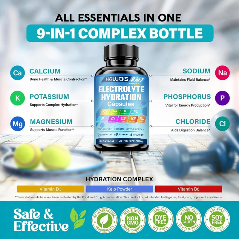 Electrolyte Hydration Capsules with Magnesium, Sodium, Potassium, Chloride, Vitamins D3 & B6, Kelp Powder, Vegan & Keto Friendly