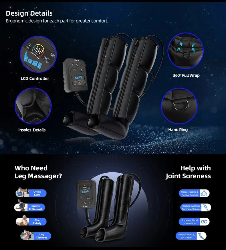 Air Leg Massager Compression Boots Air Pressure Pressotherapy Foot Calf Therapy Device 4 Chamber Fast Recovery Massage Machine