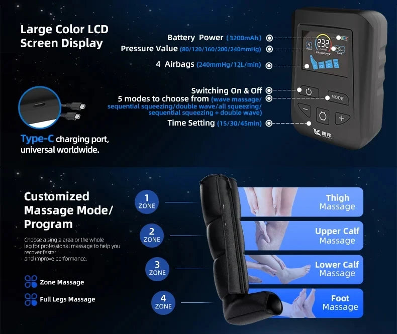 Air Leg Massager Compression Boots Air Pressure Pressotherapy Foot Calf Therapy Device 4 Chamber Fast Recovery Massage Machine