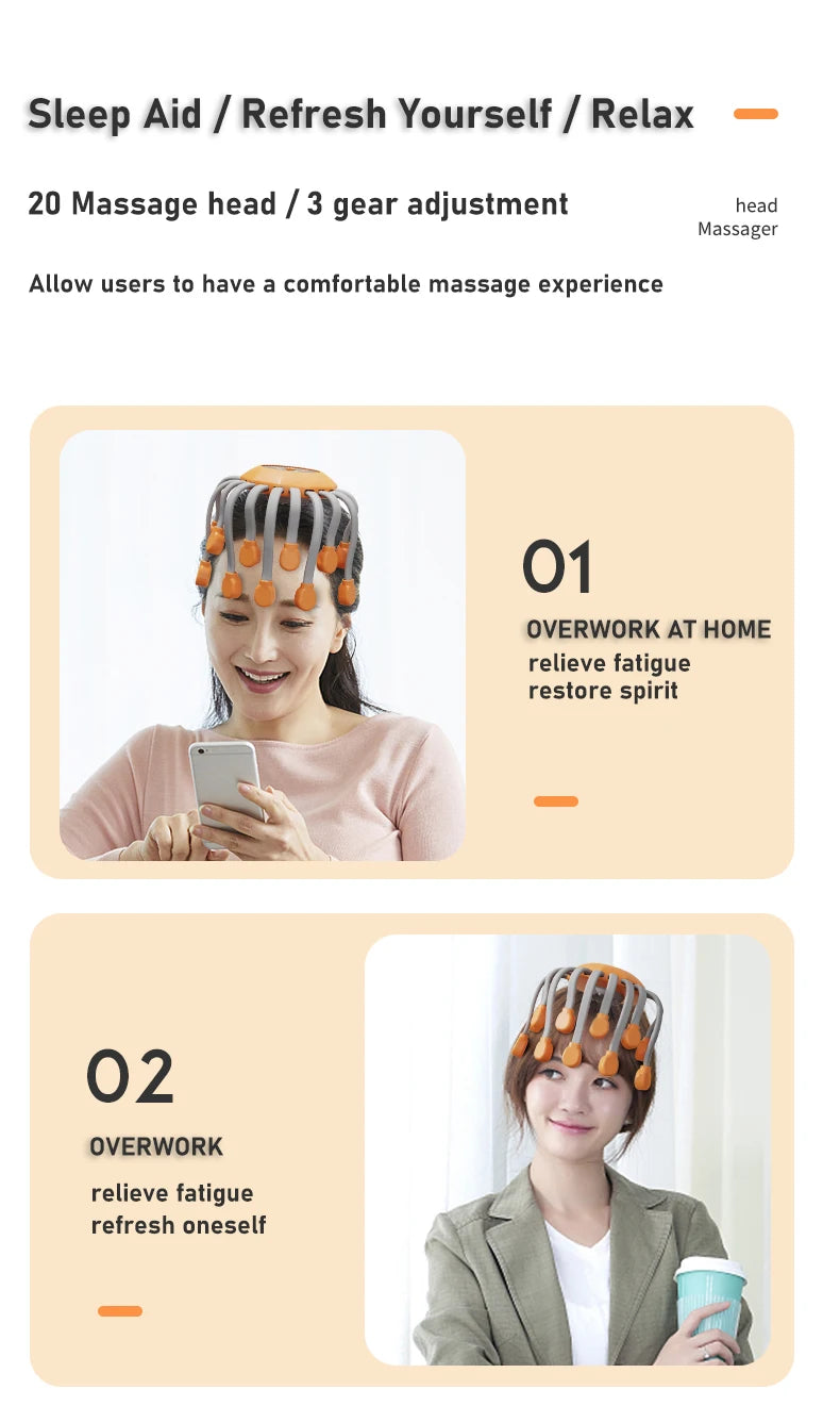 10/20Massage Heads Orange Scalp Head Massager Red Light Vibrator Octopus Scratcher For Relaxation Stress Migraine