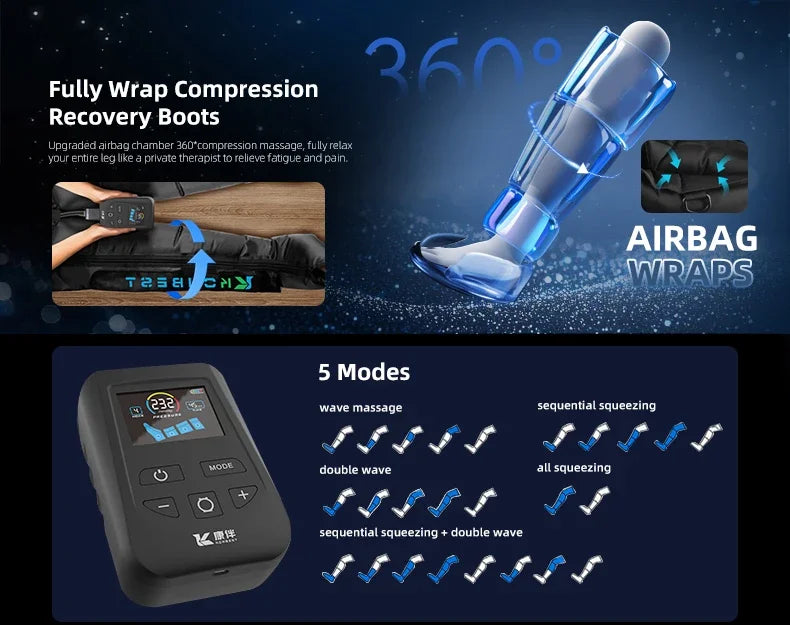 Air Leg Massager Compression Boots Air Pressure Pressotherapy Foot Calf Therapy Device 4 Chamber Fast Recovery Massage Machine
