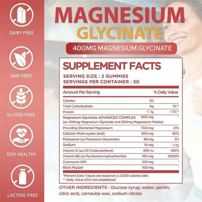 Magnesium Glycinate Gummies - Brain Health, Strengthen Muscles and Bones, Improve Sleep, Relax Nerves