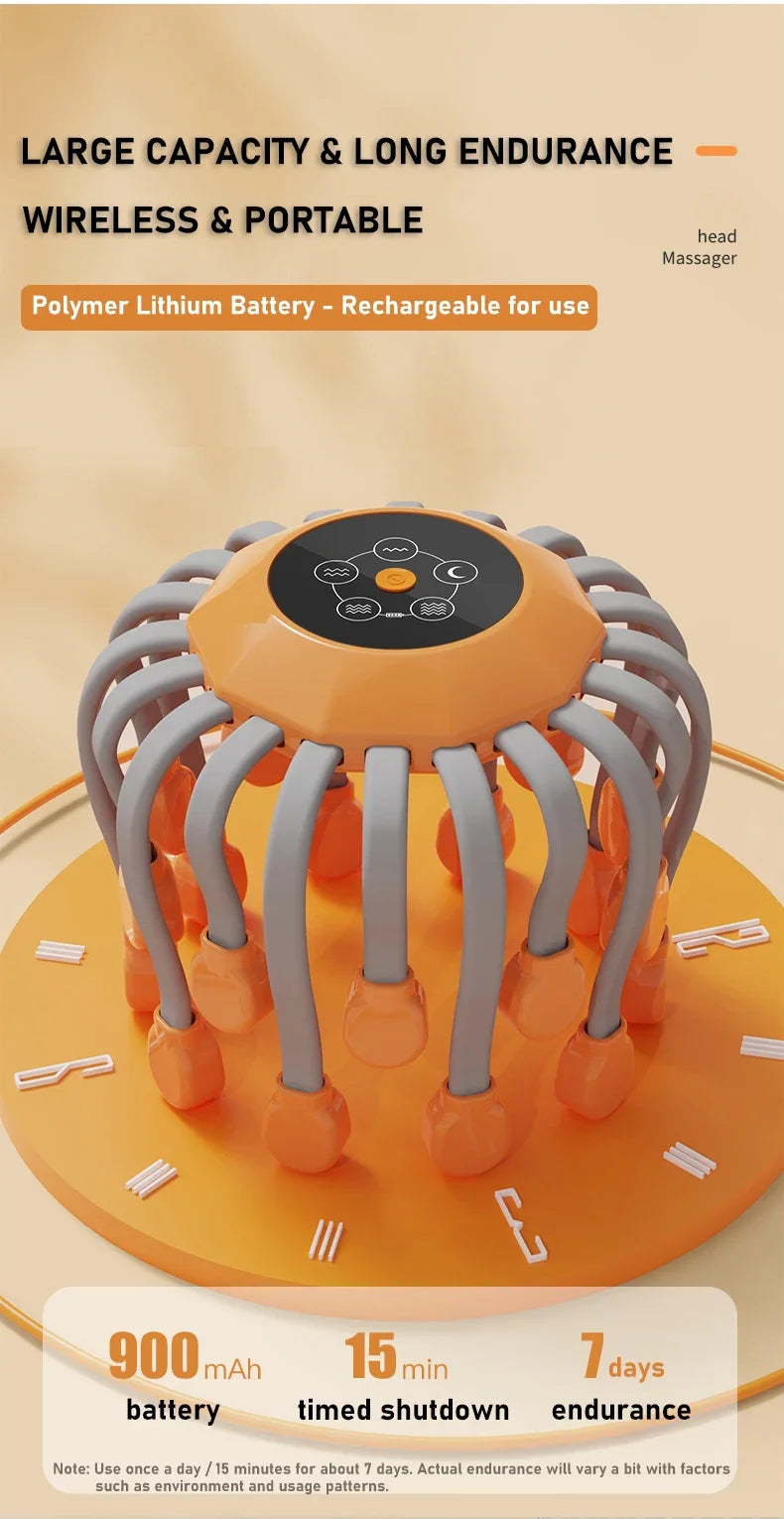 10/20Massage Heads Orange Scalp Head Massager Red Light Vibrator Octopus Scratcher For Relaxation Stress Migraine