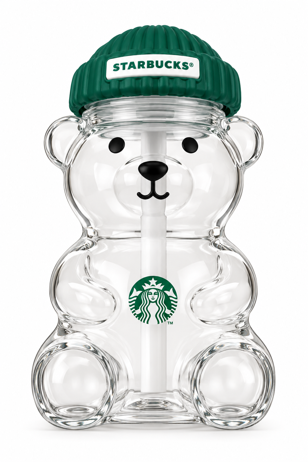 Starbucks Bear-Shaped Glass Tumbler with Green Beanie Lid
