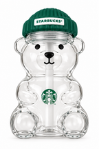 Starbucks Bear-Shaped Glass Tumbler with Green Beanie Lid