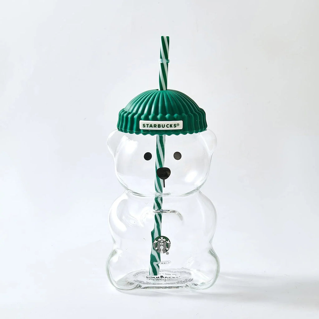 Starbucks Bear-Shaped Glass Tumbler with Green Beanie Lid