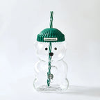 Starbucks Bear-Shaped Glass Tumbler with Green Beanie Lid