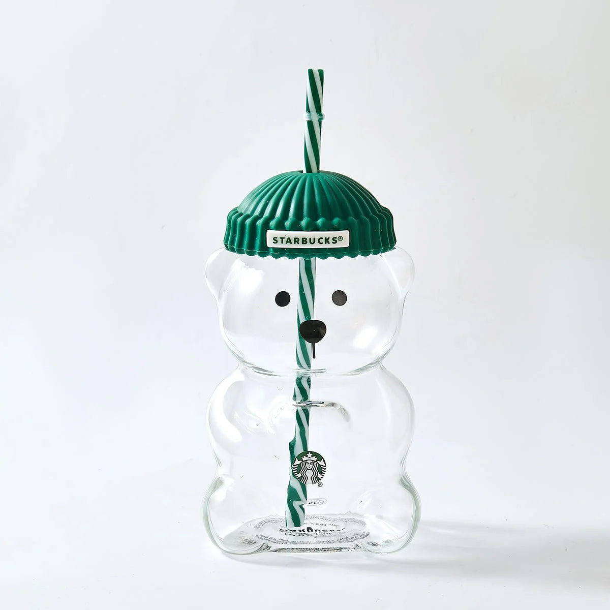 Starbucks Bear-Shaped Glass Tumbler with Green Beanie Lid