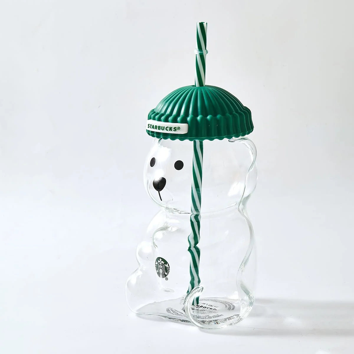Starbucks Bear-Shaped Glass Tumbler with Green Beanie Lid