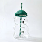 Starbucks Bear-Shaped Glass Tumbler with Green Beanie Lid