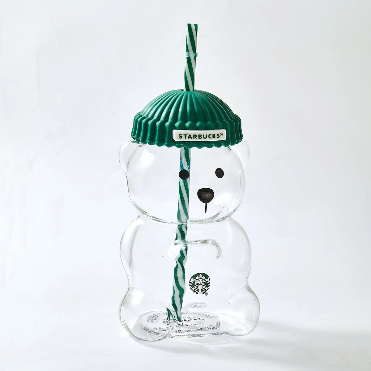 Starbucks Bear-Shaped Glass Tumbler with Green Beanie Lid