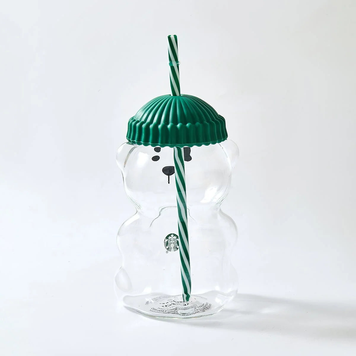 Starbucks Bear-Shaped Glass Tumbler with Green Beanie Lid