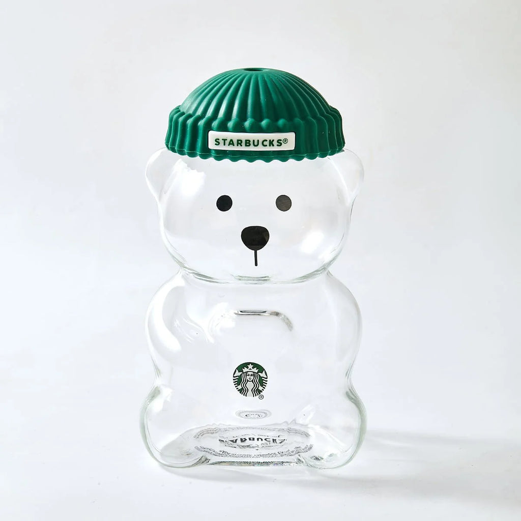 Starbucks Bear-Shaped Glass Tumbler with Green Beanie Lid