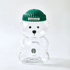 Starbucks Bear-Shaped Glass Tumbler with Green Beanie Lid