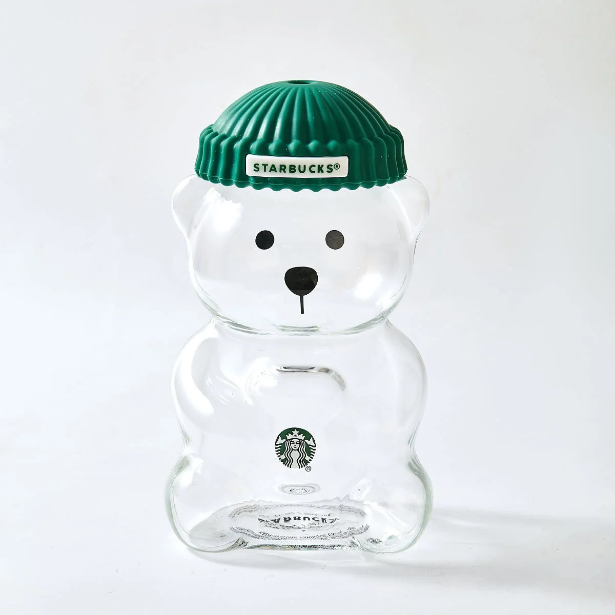Starbucks Bear-Shaped Glass Tumbler with Green Beanie Lid