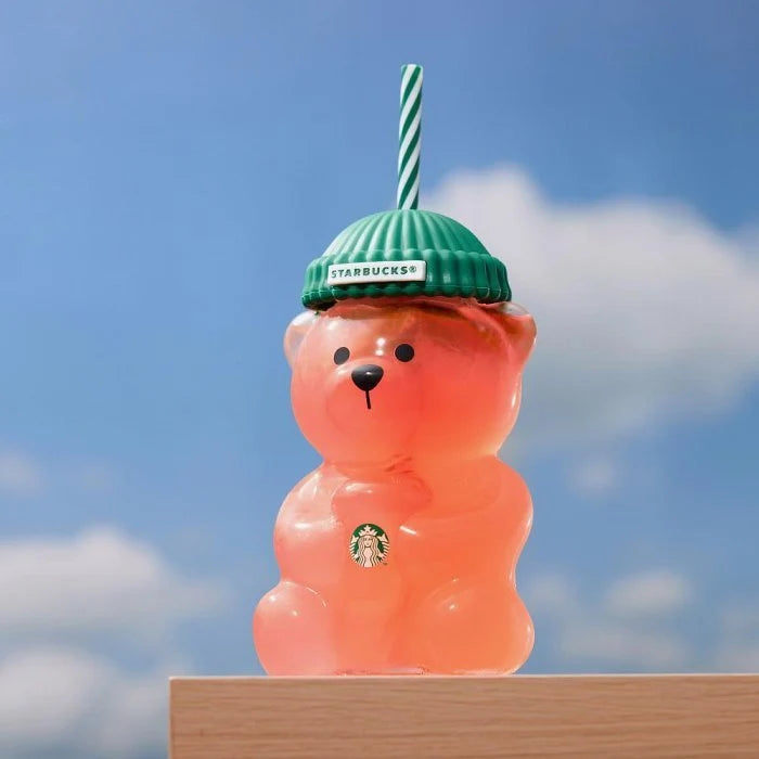 Starbucks Bear-Shaped Glass Tumbler with Green Beanie Lid
