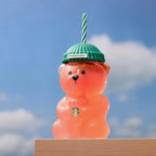 Starbucks Bear-Shaped Glass Tumbler with Green Beanie Lid